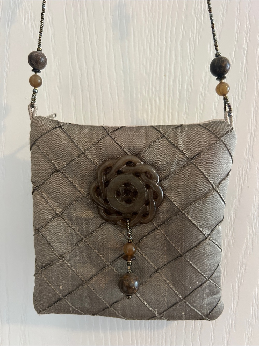 Quilted Satin Crossbody Bag in Taupe with Floral Accent